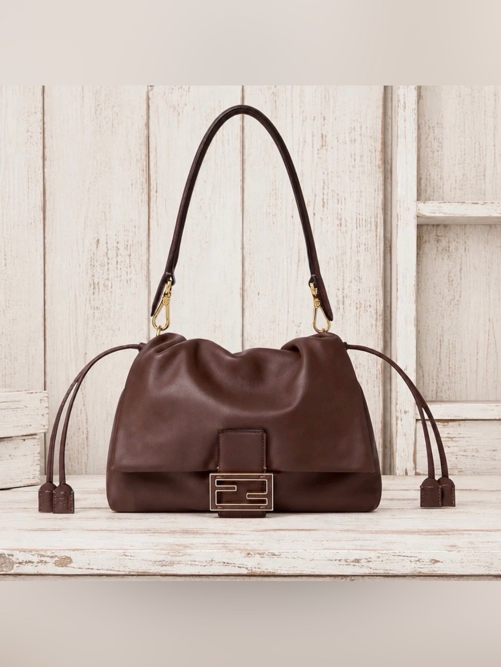 FENDI Mamma Baguette Medium Nappa Leather Mogano Brown 8BR833 NWT